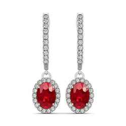 Boucles d'oreilles pendantes en rubis taille ovale avec diamants ronds de 7.50 ct en or 14k