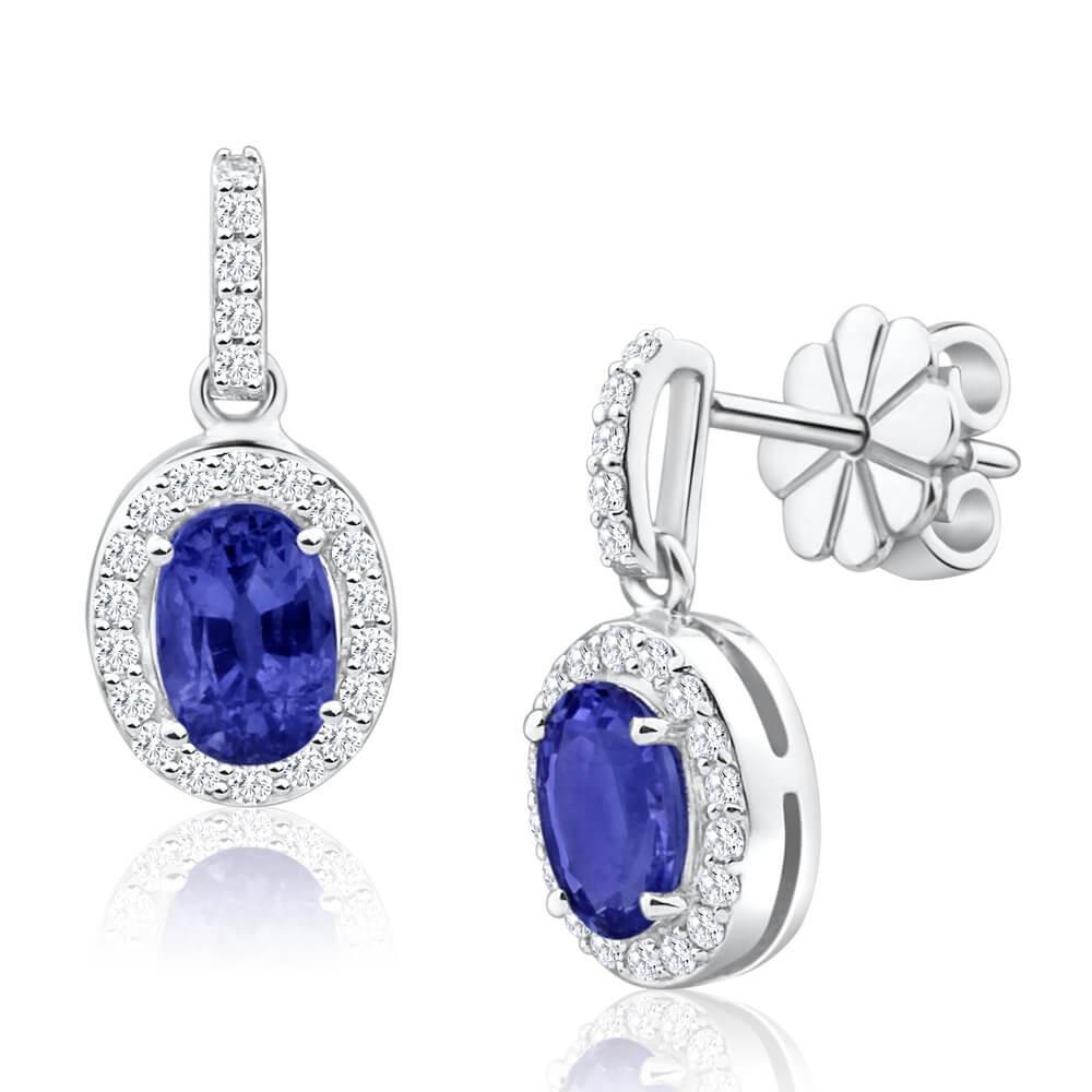 Boucles d'oreilles pendantes en saphir de Ceylan de 2.96 ct avec diamants en or blanc 14K - HarryChadEnt.FR