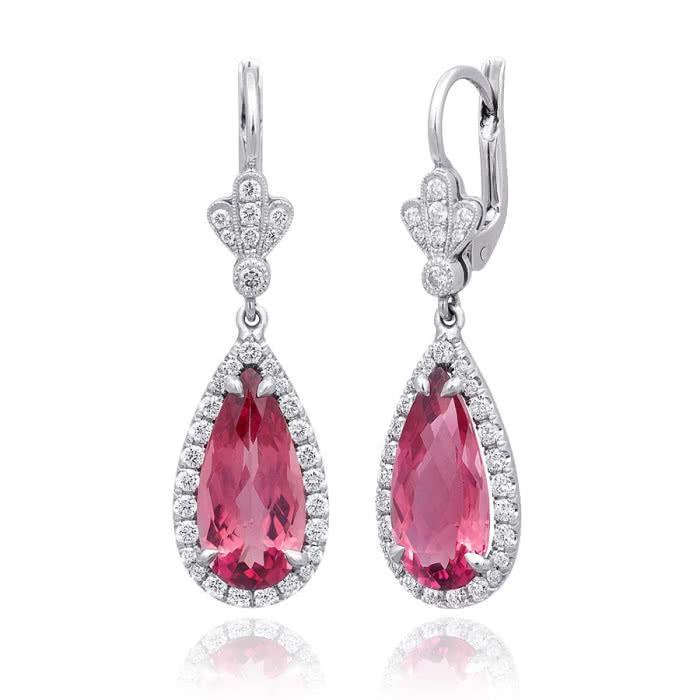 Boucles d'oreilles pendantes en tourmaline rose 16 carats avec diamants en or 14 carats - HarryChadEnt.FR