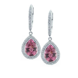 Boucles d'oreilles pendantes en tourmaline rose et diamants 10.80 ct en or 14K