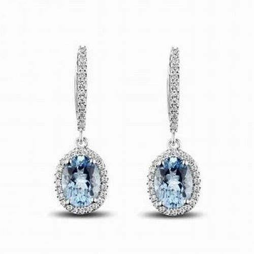 Boucles d'oreilles pendantes pour dames 5.09 ct aigue-marine et diamants en or blanc 14 carats - HarryChadEnt.FR