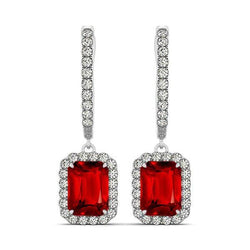 Boucles d'oreilles pendantes pour femme Rubis rouge 9 ct avec diamants en or blanc