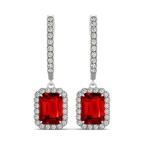 Boucles d'oreilles pendantes pour femme Rubis rouge 9 ct avec diamants en or blanc - HarryChadEnt.FR