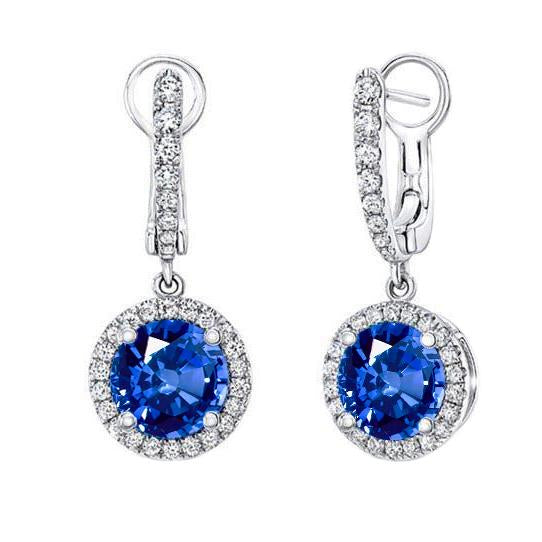 Boucles d'oreilles pendantes rondes 5.50 carats saphir et diamants or blanc 14K - HarryChadEnt.FR