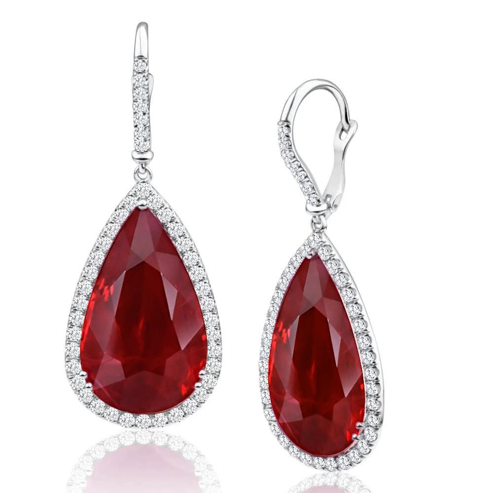 Boucles d'oreilles pendantes rubis et diamants taille poire rouge 8 carats or blanc 14K - HarryChadEnt.FR