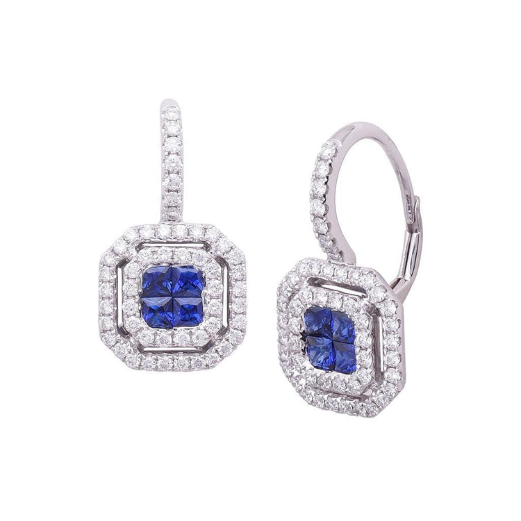 Boucles d'oreilles pendantes saphir bleu princesse et diamants en or 14 carats 2.30 ct - HarryChadEnt.FR