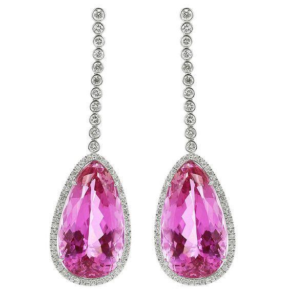 Boucles d'oreilles pendantes taille poire rose 41.42 ct avec diamants or 14K - HarryChadEnt.FR