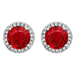 Boucles d'oreilles pour dames avec halo de diamants rouges et rubis serti de griffes 9.10 ct. GT 14K