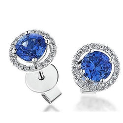 Boucles d'oreilles pour femmes en saphir de Ceylan et diamants halo 4.40 ct. Or Blanc 14K