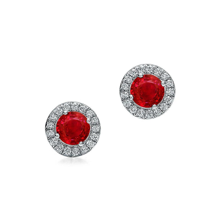 Boucles d'oreilles rondes Lady Halo en rubis rouge et diamants 3.50 ct. Nouveau - HarryChadEnt.FR