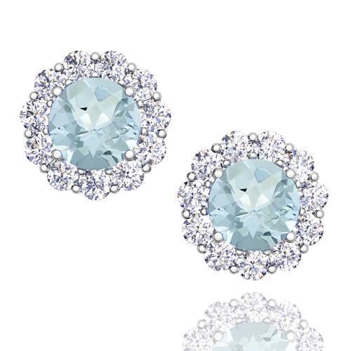 Boucles d'oreilles rondes en aigue-marine avec halo de diamants 7 carats WG 14K - HarryChadEnt.FR