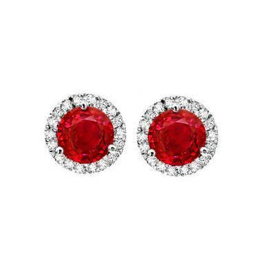 Boucles d'oreilles rondes en or blanc avec halo de diamants et rubis rouges de 4.50 ct - HarryChadEnt.FR