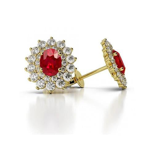 Boucles d'oreilles rondes en rubis et diamants Halo en or jaune 5 ct 14K - HarryChadEnt.FR