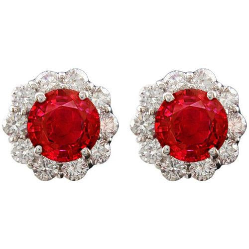 Boucles d'oreilles rondes en rubis et halo de diamants rouges pour femmes 3.50 carats neuf - HarryChadEnt.FR