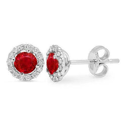 Boucles d'oreilles rondes en rubis rouge et diamants halo 2.40 ct. Or Blanc 14K