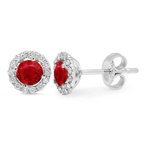 Boucles d'oreilles rondes en rubis rouge et diamants halo 2.40 ct. Or Blanc 14K - HarryChadEnt.FR