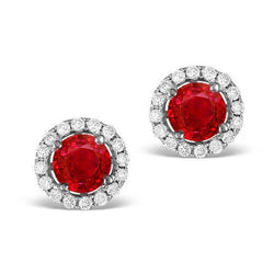 Boucles d'oreilles rondes en rubis rouge et halo de diamants de 2.40 ct