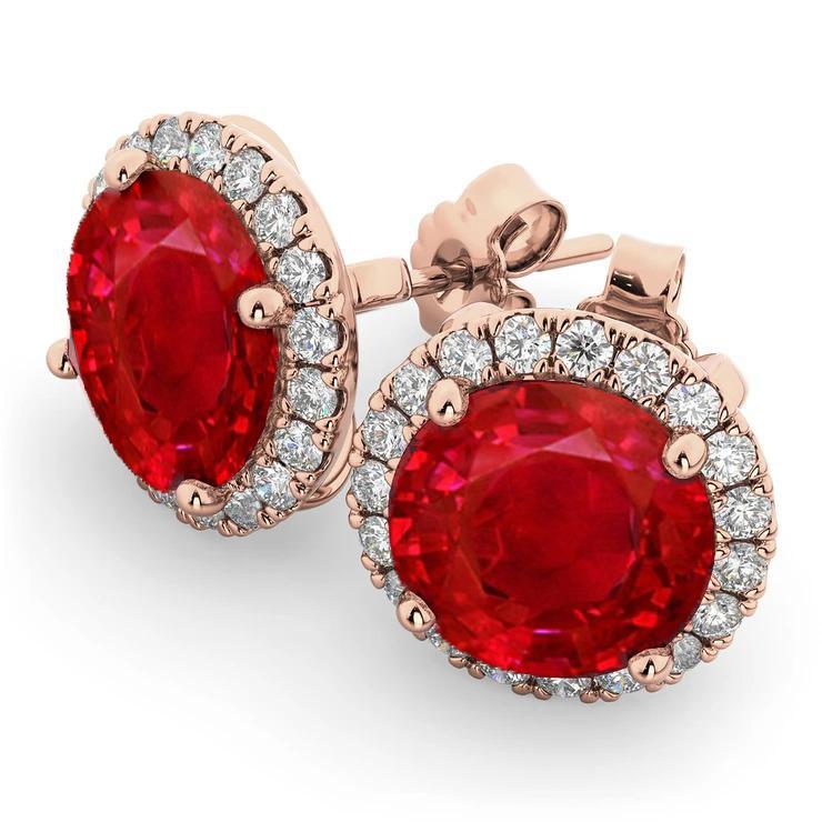Boucles d'oreilles rondes en rubis rouge et halo de diamants de 7.50 ct en or rose - HarryChadEnt.FR