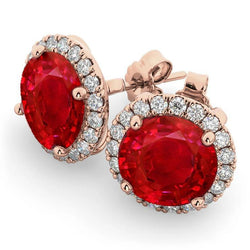 Boucles d'oreilles rondes en rubis rouge et halo de diamants de 7.50 ct en or rose