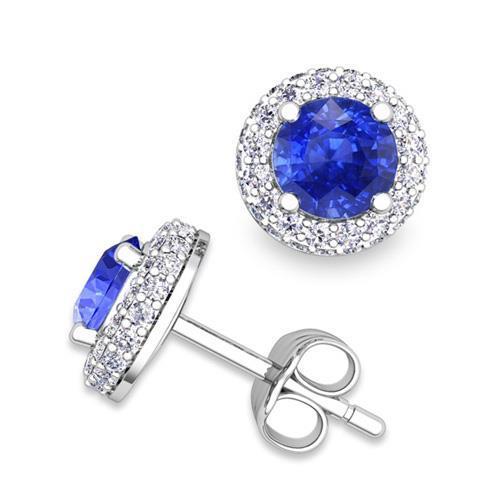 Boucles d'oreilles rondes en saphir de Ceylan et diamants taille brillant de 4.00 cts Halo - HarryChadEnt.FR