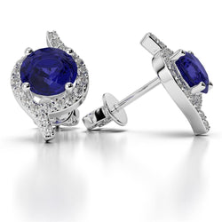 Boucles d'oreilles serties de griffes de 5.20 carats avec saphir rond et diamants