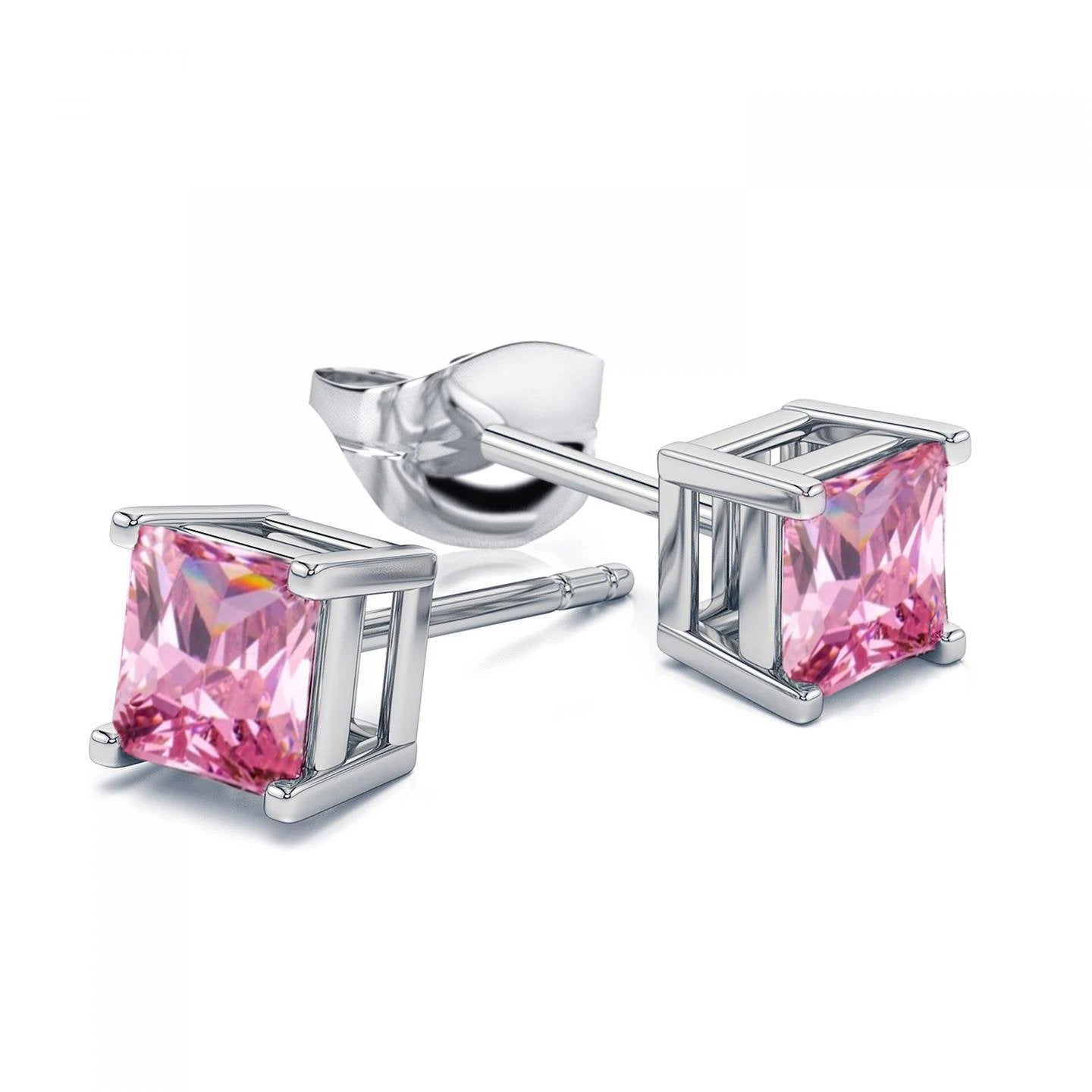 Boucles d'oreilles serties de griffes taille princesse 4 carats en saphir rose or blanc - HarryChadEnt.FR