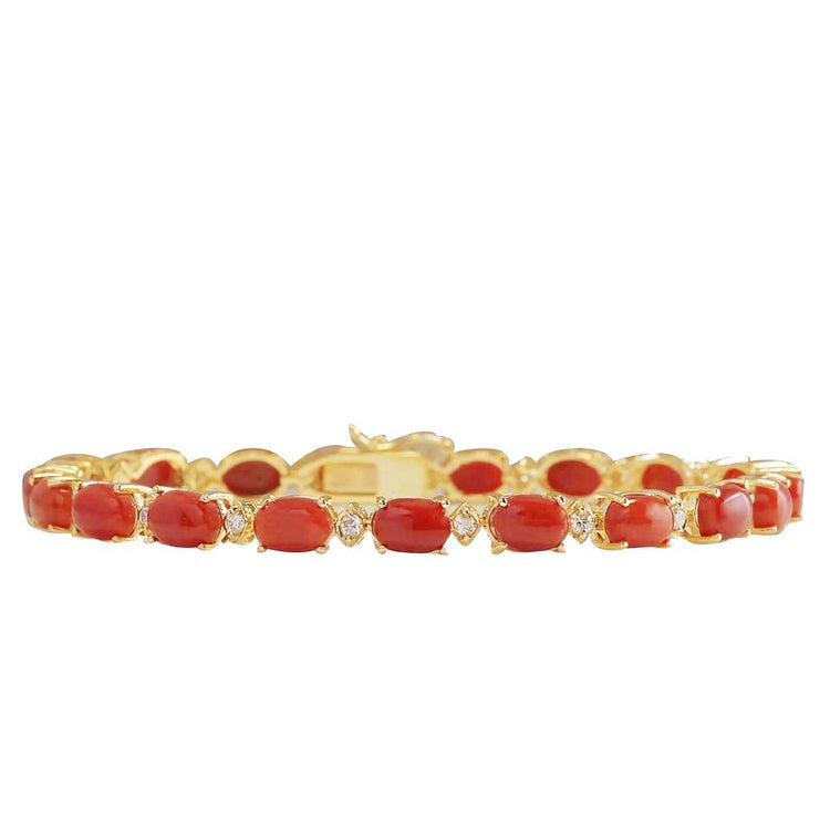 Bracelet Dame Corail Naturel 19 Ct Avec Diamants Or Jaune 14K - HarryChadEnt.FR