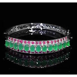 Bracelet Jonc Diamant Jade Saphir Rose 28.90 Carats Femme Or Blanc 14K
