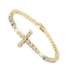 Bracelet Tennis Croix à 12 Carats De Diamants Ronds Bijoux En Or Jaune