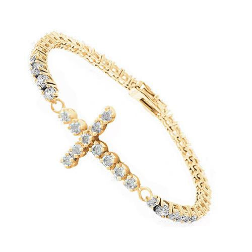 Bracelet Tennis Diamant Croix 12 Carats Bijoux Taille Ronde Or Jaune - HarryChadEnt.FR