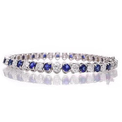 Bracelet Tennis Saphir Bleu & Diamants 8.40 Carats Or Blanc 14K