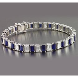 Bracelet Tennis Saphir Bleu Taille Emeraude 12 Carats Bijoux Neuf