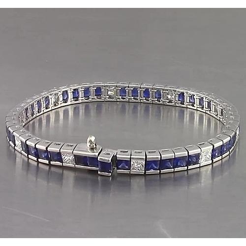 Bracelet Tennis Saphir Bleu Taille Princesse 25 Carats Or Blanc 14K - HarryChadEnt.FR