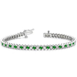 Bracelet tennis vert 14 carats en émeraude et diamants Coupe Ronde