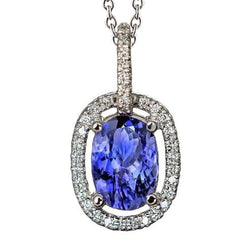 Chaîne Collier Pendentif Tanzanite Or Blanc Et Diamants 3.50 Ct