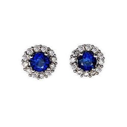 Clous d'oreilles Halo Ceylan Saphir Diamants 3.10 Ct. Or Blanc 14K