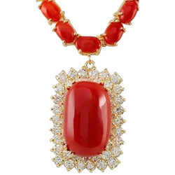Collier Femme Or Jaune 14K 50.75 Ct Corail Rouge Avec Diamants