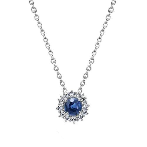 Collier Femme 2 Carats Saphir Rond Et Diamant Pendentif Or Blanc - HarryChadEnt.FR