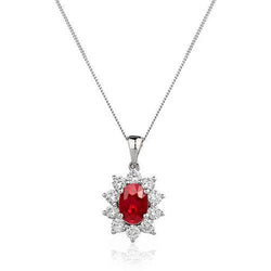 Collier Or Blanc 14K 3 Carats Rubis Rouge Ovale & Diamants Ronds