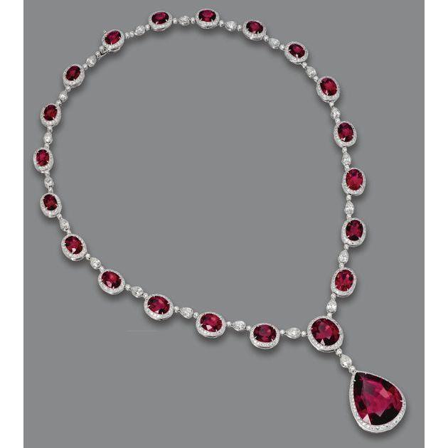 Collier Or Blanc 14K Rubis Rouge Avec Diamants 49.50 Carats - HarryChadEnt.FR