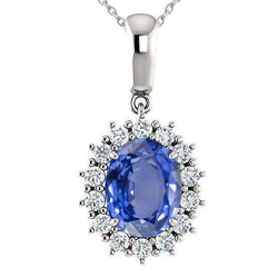 Collier Pendentif Ceylan Saphir Bleu Avec Diamants 3.90 Carats WG 14K