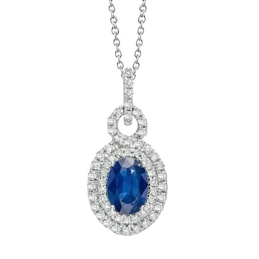 Collier Pendentif Ceylan Saphir Bleu Diamant 3 Carats Or Blanc 14K - HarryChadEnt.FR