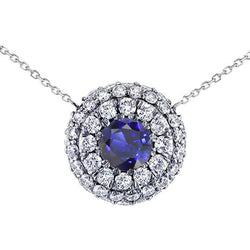 Collier Pendentif Diamant Double Halo Saphir Bleu Rond 4.25 quilates