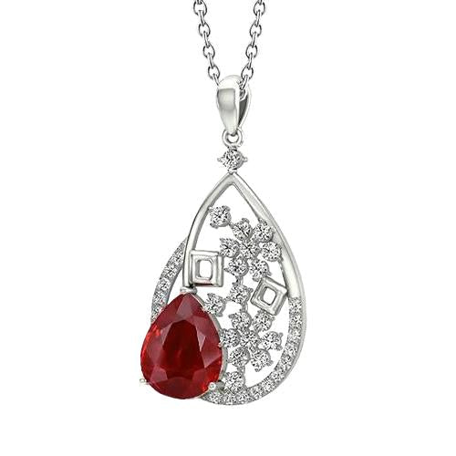 Collier Pendentif Femme 3.50 Carats Rubis Avec Diamants Or Blanc 14K - HarryChadEnt.FR
