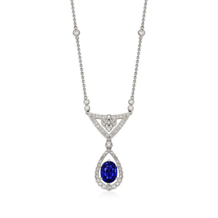 Collier Pendentif Halo Or Saphir Bleu Ovale & Diamant 2 quilates