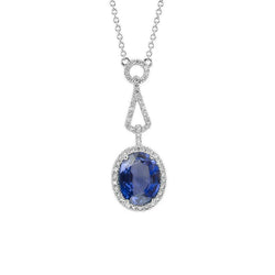 Collier Pendentif Halo Saphir Bleu Et Diamants Or 4 Carats 14K