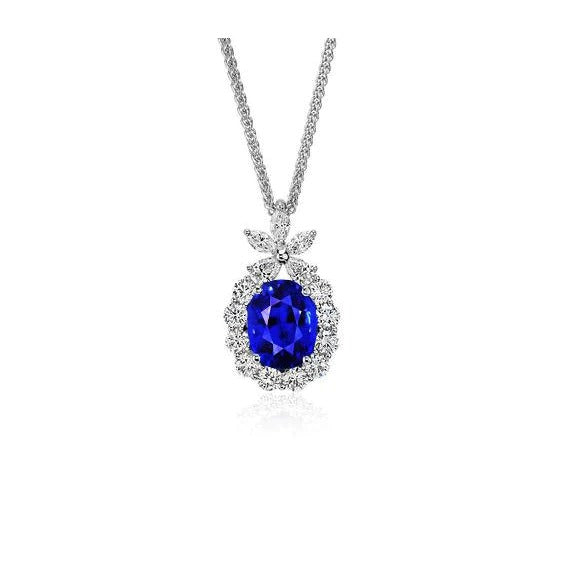 Collier Pendentif Halo Saphir Bleu Ovale & Diamant Rond 2 quilates