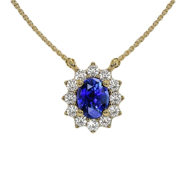 Collier Pendentif Halo Saphir Bleu Ovale & Diamant Rond 3.50 quilates