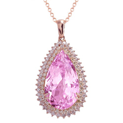 Collier Pendentif Kunzite Rose Avec Diamants 25.35 Ct Or Rose 14K