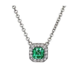 Collier Pendentif Or Blanc 14K 9 Ct Émeraude Verte Avec Diamants